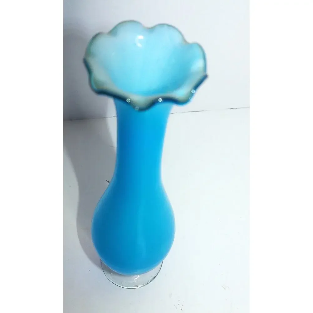 Vintage Turquoise Blue Cased Glass Ruffled Bud Vase 7.25